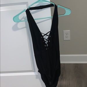 Black lace up front body suit